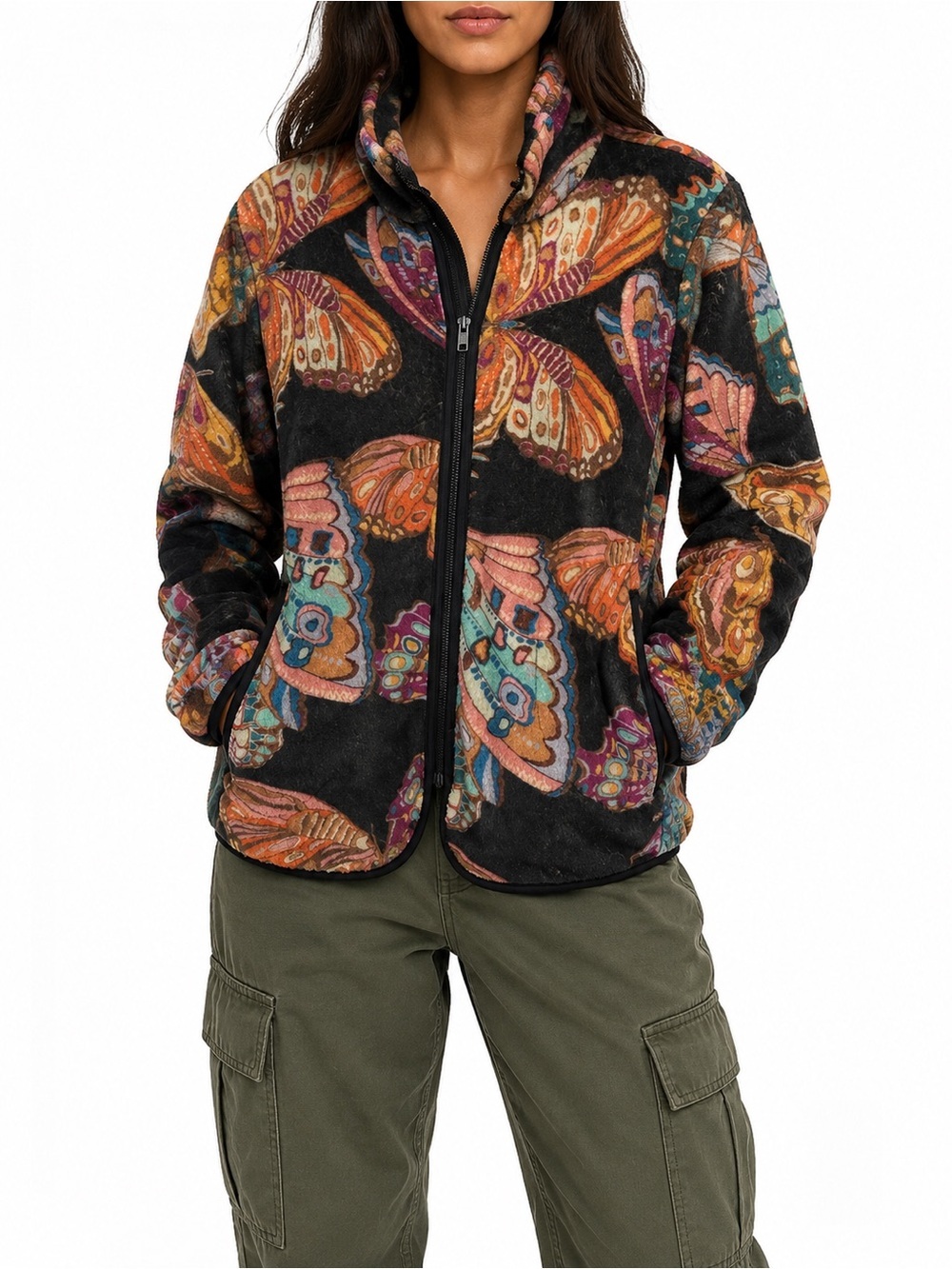 Johnny Was Esther Fleece Butterfly Print Zip Front Jacket sz XL NEW